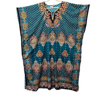Sante Womens Kaftan Dress Free Size‎ Blue Paisley Kimono Sleeve Maxi V-Neck